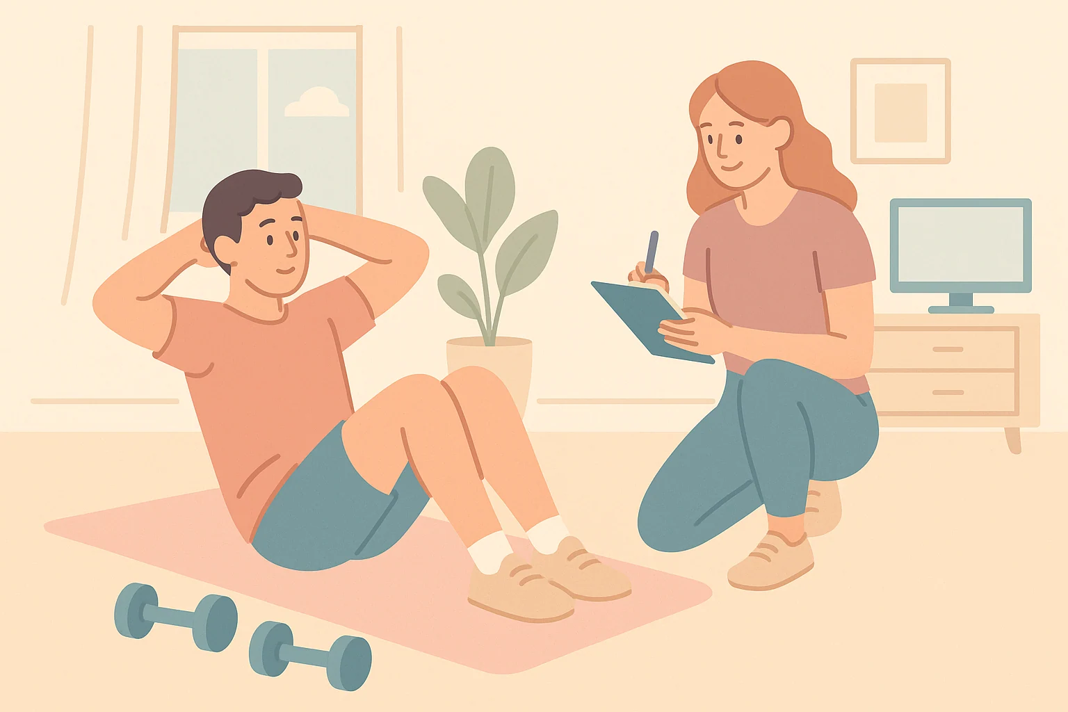 Client exercising with trainer at home
